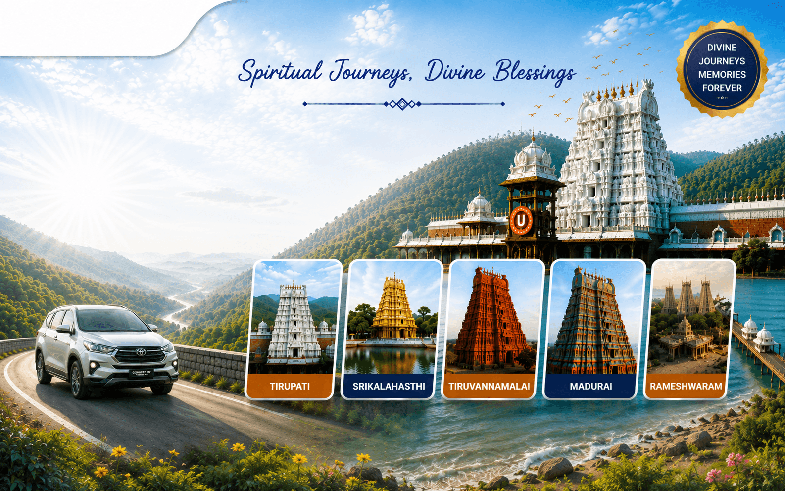 Car on ghat road with South India temple backdrop